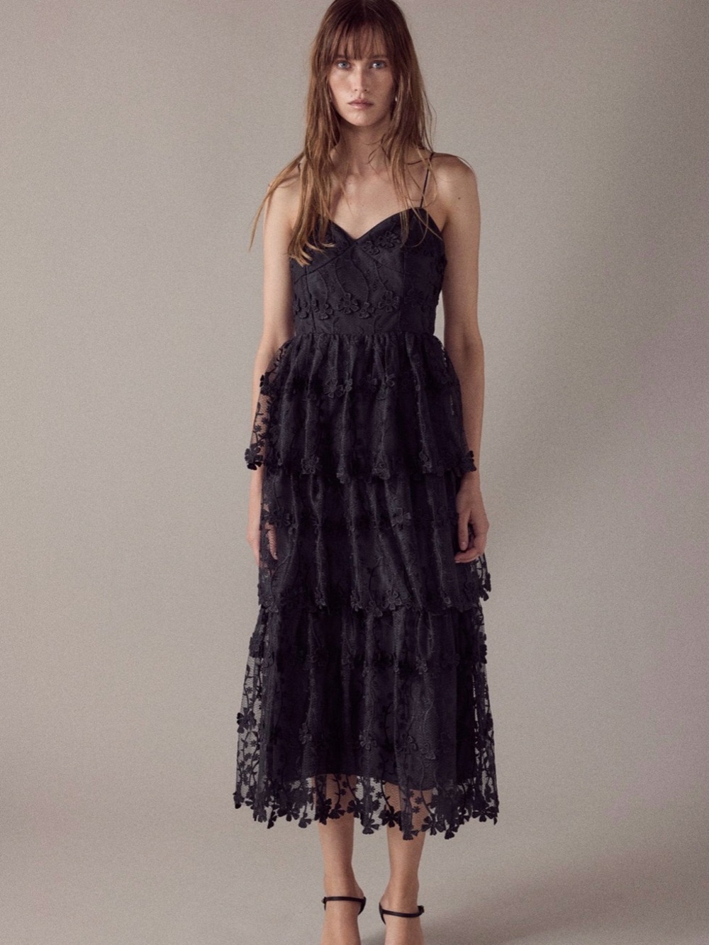 NWT. Black Tiered Lace Midi Dress